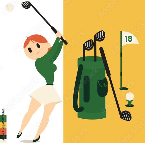 Women Playing Golf, Golfer in Action Swinging a Golf Club
