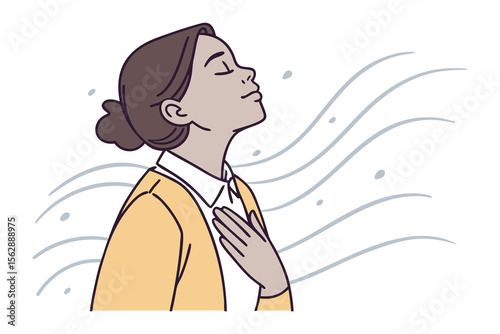 Breathe of Tranquility: A woman closes her eyes and inhales deeply, embracing the refreshing sensation of air, while her serene posture and delicate gesture evoke tranquility.