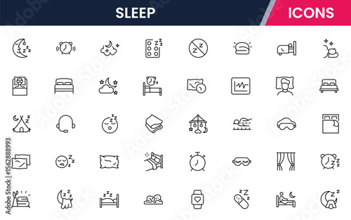 Sleep line icon collection. Morning, bed, pillow, sleepy, day dreaming, night, blanket, and deep sleep icon set. UI outline icon pack