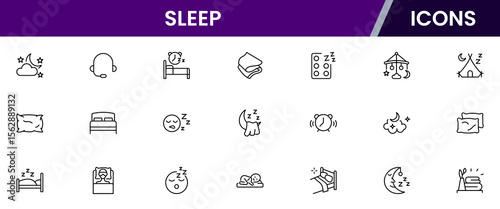 Sleep line icon collection. Morning, bed, pillow, sleepy, day dreaming, night, blanket, and deep sleep icon set. UI outline icon pack