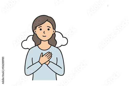Self-Affirmation: The illustration of a young woman clutching her chest, exuding tranquility and contentment, creating a sense of inner peace and self-assurance.