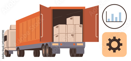 Open truck loaded with boxes, bar chart, and gear icon representing shipping, logistics, productivity, e-commerce, warehouse management, global trade and optimization. Ideal for supply chain