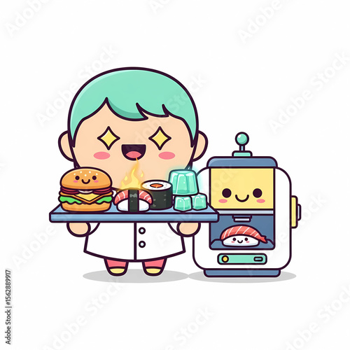 Cute Food Robot Server with Burger, Sushi, and Jelly