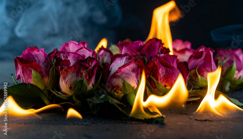 A striking image of roses engulfed in flames, symbolizing beauty and destruction.