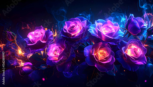 A vibrant arrangement of glowing purple roses against a dark background.