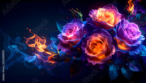 A vibrant digital artwork of colorful roses with flames and smoke effects.