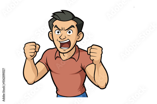 Outburst of Anger: Depicting a man's expression of intense rage, with clenched fists and a fierce facial expression. A visual representation of frustration and fury.