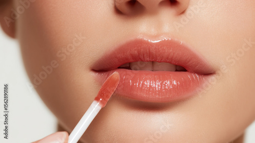 Close up of lips while applying tinted lip gloss, showcasing glossy finish and beauty routine