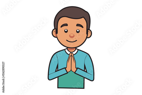 Respectful Salutation: A digitally created illustration of a smiling man with folded hands, expressing a gesture of greeting or appreciation.