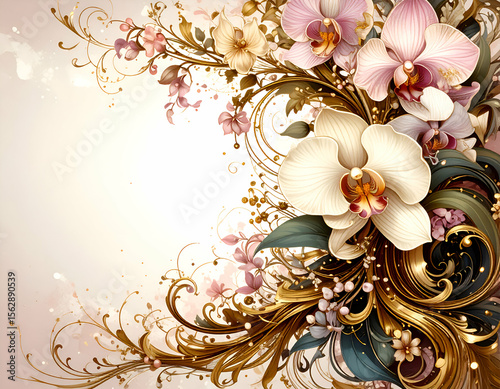 A decorative floral design featuring orchids and elegant swirls.