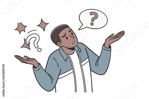 Confused Young Man Illustration: A young man with a perplexed expression, shoulders raised and palms out, embodies uncertainty and indecision.
