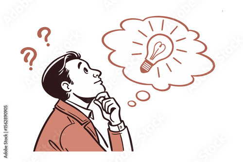 Idea Generation: A vintage-styled illustration depicts a thoughtful man pondering a radiant lightbulb, symbolizing a spark of creativity and innovative thought.