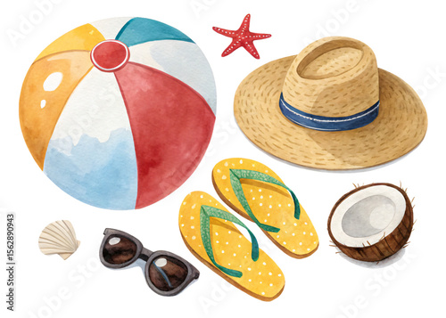 beach vacation essentials, 3d illustration of summer items including beach ball, straw hat, flip-flops, sunglasses, starfish, shell, and coconut, isolated on transparent background png