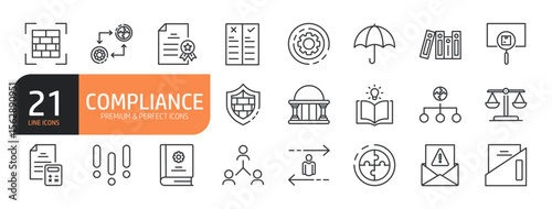 Set of line icons related to Compliance and more. Outline icons collection. Editable stroke. Vector illustration.