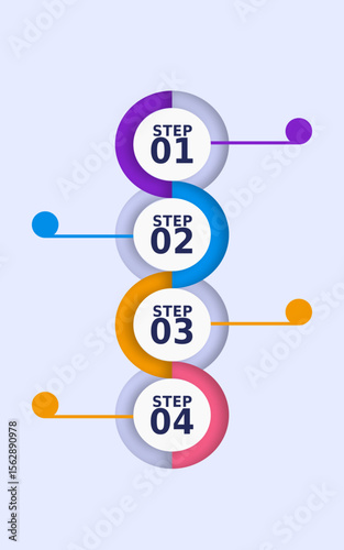 Colorful step-by-step infographic template with four circular steps connected vertically. Each step is numbered and labeled with vibrant colors, ideal for business processes, workflow presentations