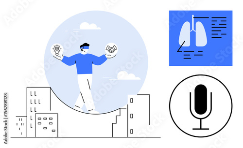 Individual balances lightbulb and handshake above cityscape, depicting ideas, collaboration. Lung diagram highlights science, paired with microphone suggesting presentations. Ideal for teamwork