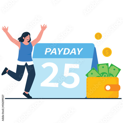 Celebrate Payday Sale Illustration. Vector illustration of A happy woman jumps with excitement next to a calendar marked payday and a wallet full of cash. Isolated on background