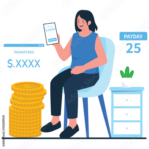 Celebrate Payday Sale Illustration. Vector illustration of A smiling woman checks her payday bank transfer notification while sitting beside a stack of gold coins. Isolated on background