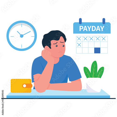 Celebrate Payday Sale Illustration. Vector illustration of A sad man sits impatiently at his desk, waiting for the next payday on the calendar. Isolated on background