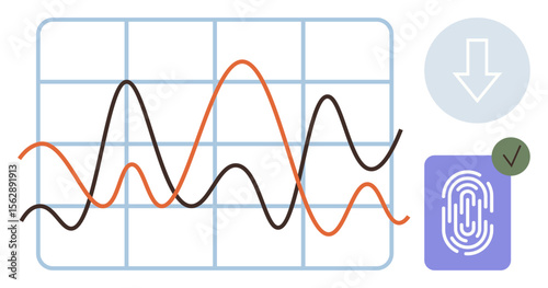 Two trend lines in orange and black crossing on a grid chart, fingerprint scanner icon, and download button with verification checkmark. Ideal for analytics, cybersecurity, technology, data