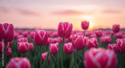 夕焼け空の下、ピンクのチューリップ畑 輝く花びら