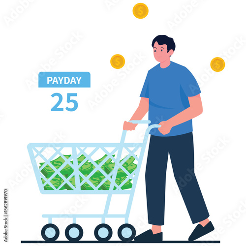 Celebrate Payday Sale Illustration. Vector illustration of A man pushes a shopping cart full of cash bills, enjoying payday with a money-themed splurge. Isolated on background