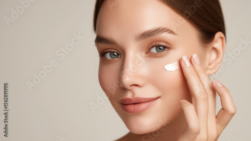 Model applying skincare cream on her face with gentle smile, showcasing clean and fresh look