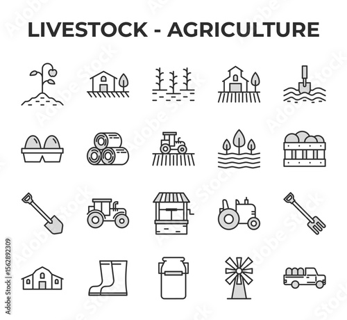 Agriculture Farm Livestock Icons Set Modern Line Art Cultivation Farming Equipment Field Harvest Barn Tractor Well Shovel
