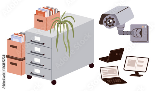 Filing cabinet with stacked papers, plant, security camera, laptop, and monitor emphasizing office organization, security, technology, and productivity. Ideal for workplace concepts data management