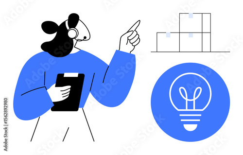 Woman using headset while holding clipboard, gesturing toward stacked boxes and lightbulb icon. Ideal for logistics, innovation, communication, productivity, teamwork, organization, simple landing