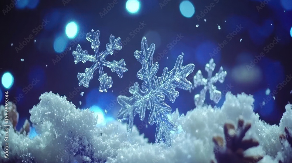 Fototapeta premium Sparkling, clear snowflakes resting in a bed of snow, surrounded by bokeh lights.