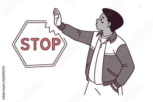 "Stop the Movement: A drawing of a young individual gesturing to stop beside a broken stop sign."