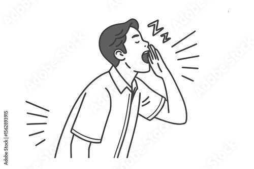 Yawning Man Illustration: A grayscale illustration depicts a man yawning widely, hand covering his mouth, conveying tiredness and sleepiness. The simple lines suggest exhaustion.