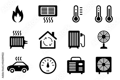 Heating and Cooling Equipment Icons. Temperature Control and Home Comfort