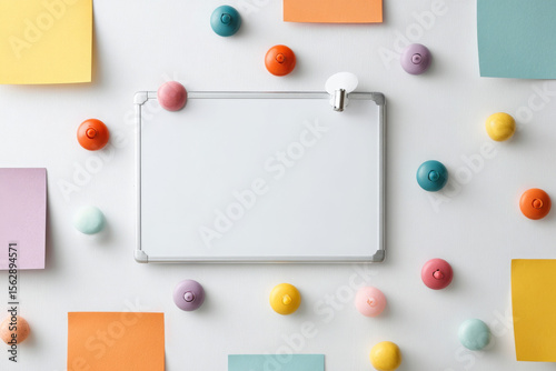 Tidy whiteboard surrounded by colorful magnets and sticky notes creates organized workspace