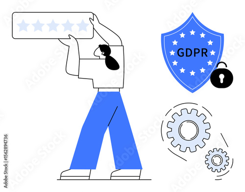 Person holding a five-star rating, GDPR shield with padlock, and gears symbolizing data security. Ideal for data protection, GDPR, compliance, privacy, ratings customer trust regulation. Simple
