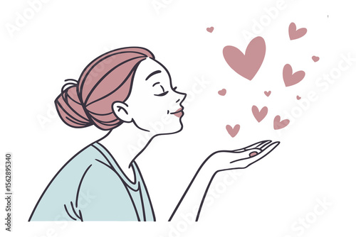 Affectionate Kisses and Love: A gentle illustration presents a serene woman, her eyes softly closed, delicately blowing kisses, with hearts emanating from her hand, embodying a sense of love and care.