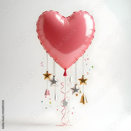 pink heart on a light background with bel and star ornaments