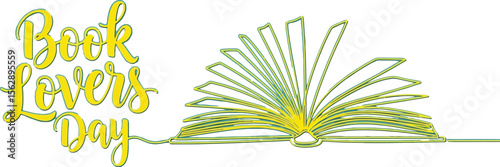 Book lovers day design with yellow text and line art book on blue back