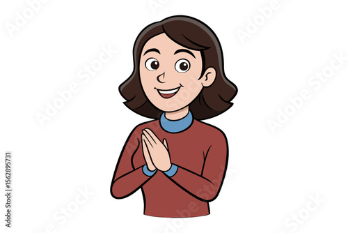 Kind Woman Illustration:A cartoon woman offers greeting with kindness and warmth, illustration emphasizes her welcoming nature.