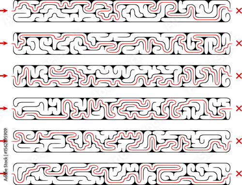 Collection of 6 horizontal long lenght rectangular labyrinths. Set of stretched mazes with solutions. Black and white riddles collection. Brainstorm puzzle for books, print, web games