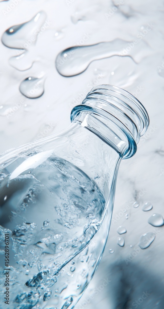 Close-up of a clear plastic water bottle with a cap, showing water with bubbles. Water droplets on a light gray surface Close-up of a clear plastic water bottle with a cap, showing water with bubbles. Water droplets on a light gray surface