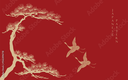 Red Japanese background with line Chinese template pattern vector. Bonsai tree and crane birds with geometric pattern. Frame and border design in retro style.