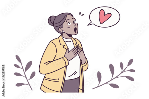 Emotional Awakening: A woman's expression reveals surprise and delight, with a thought bubble of a heart, conveying the concept of love and emotional resonance, in a colorful artistic illustration.