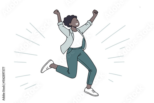 Triumphant Woman Jumping: An African woman leaps with joy, arms raised in celebration, embodying success and empowerment with a radiant smile.