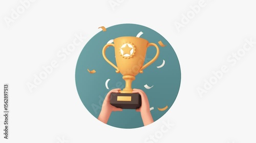 Animated golden trophy held by two hands with falling confetti on a circular background, symbolizing success, achievement, celebration, and recognition in a 3D cartoon style.

