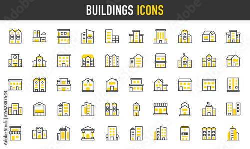 Buildings vector icons. such Institute, Office, House, Penthouse, Church, Building, Hotel, Factory, Castle, Hospital, Apartment, Library, School, Train Station, Warehouse illustration.	
