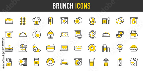 Brunch vector icons. such as Boiled Egg, Sandwich, Iced Coffee, Cereals, Avocado, Cheese, Coffee Cup, Cookies, Crepe, Croissant, Cupcake, Donut, French Fries, Hot Dog, Jam illustration.	