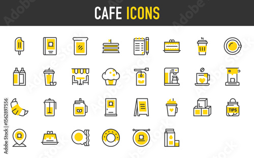 Cafe vector icons. such as Tips, Croissant, Coffee, Ketchup Bottle, Milk Carton, Bread, Coffee Shop, Cold Coffee, Dinner Table, Donut, Door, Egg And Bacon, Iced Tea, Cake illustration.	
