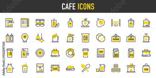 Cafe vector icons. such as Lamp, Menu, Coffee Machine, Lemonade, Bread, Tips, Takeaway, Closed, Apron, Coffee Pot, Cookie, Croissant, Donut, Egg, Frappe, Jelly, Macaroon illustration.	

